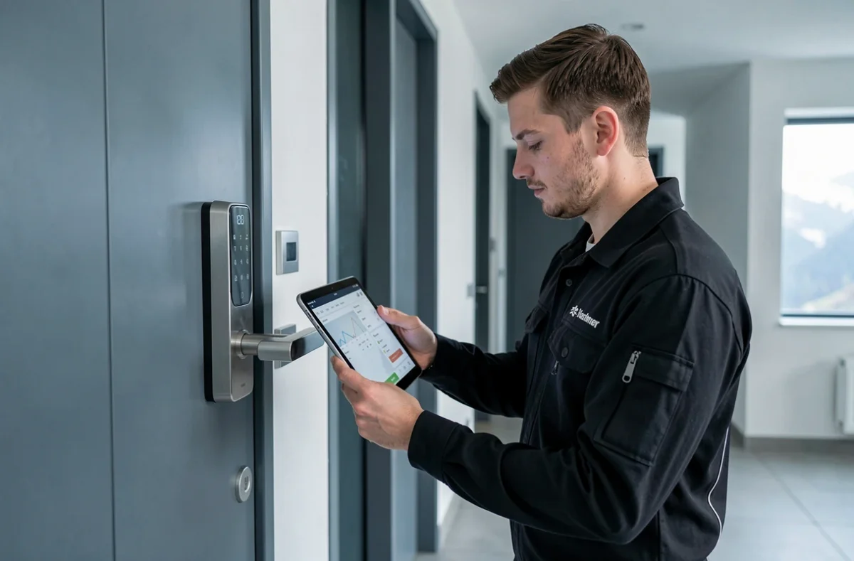 Technicien 3D Dock installant une serrure connectée intelligente sur une porte d'appartement moderne en Savoie