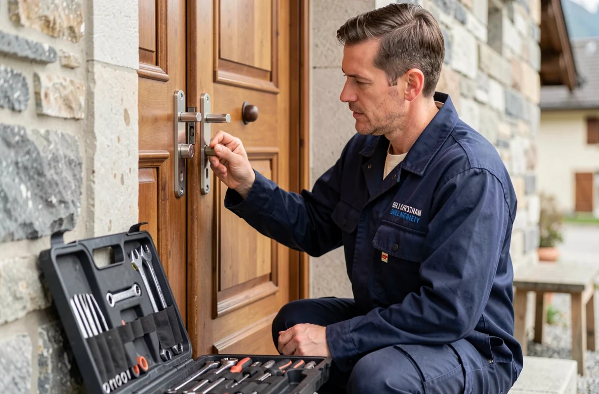 Technicien A2S Drouard inspectant un cylindre de serrure haute sécurité à l'entrée d'un logement en Savoie