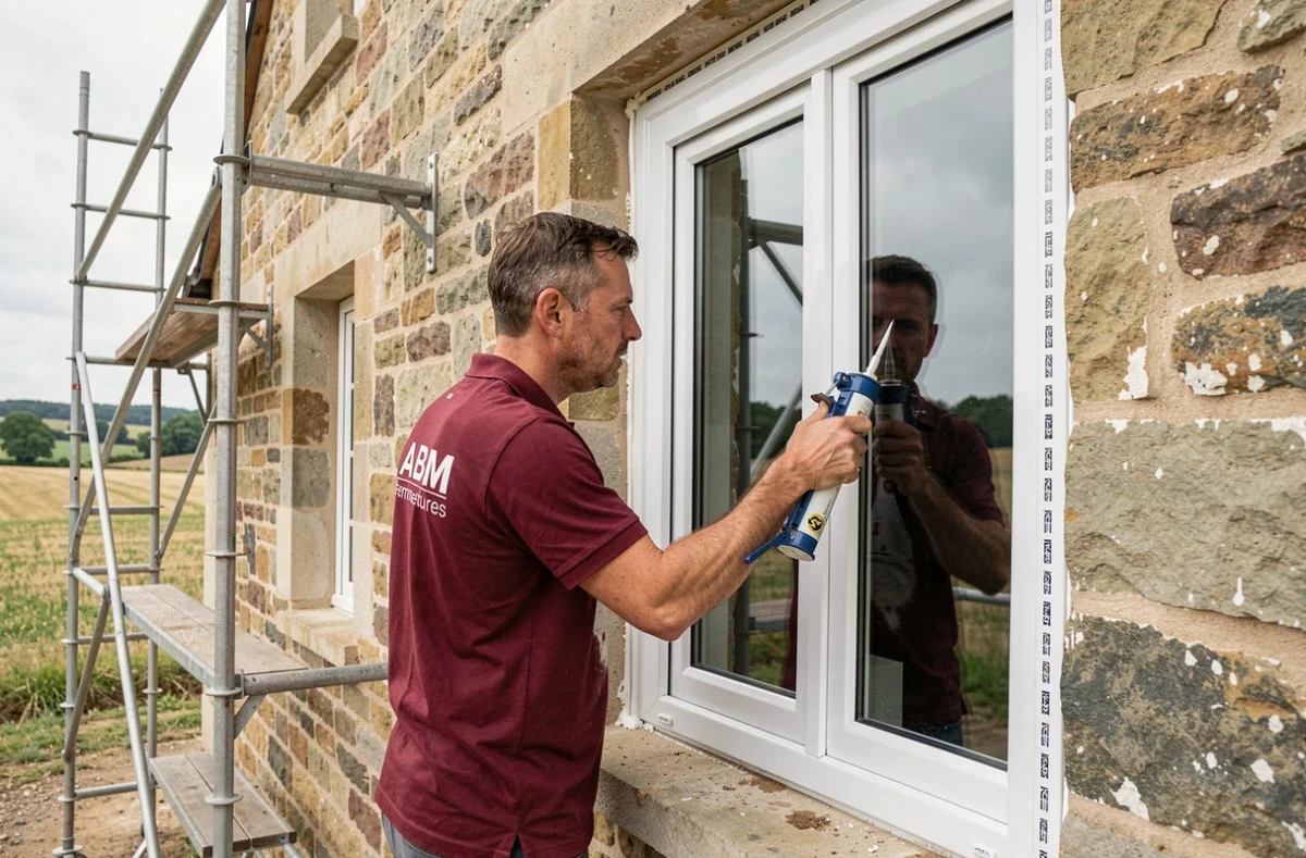 Technicien ABM Fermetures posant une fenêtre en PVC sur une maison en pierre dans le Berry