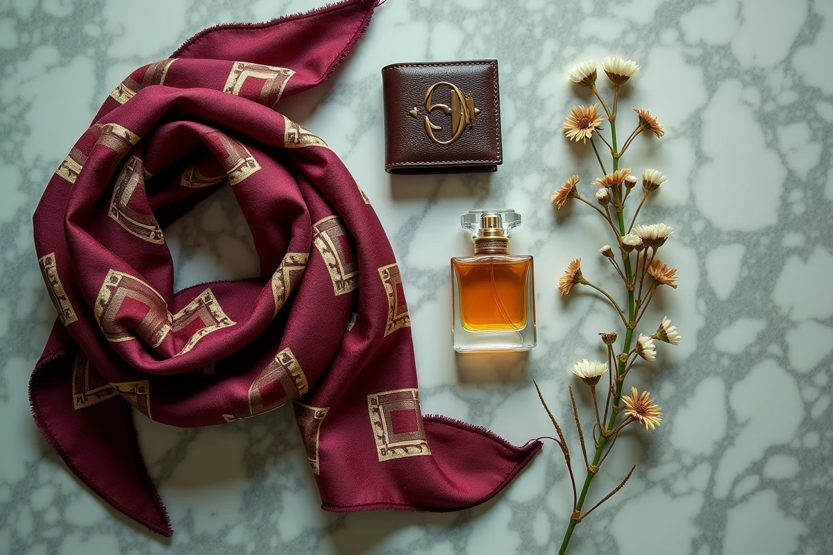Mise à plat d'accessoires de mode français sur marbre avec foulard en soie, portefeuille monogrammé et flacon de parfum évoquant les codes du luxe parisien