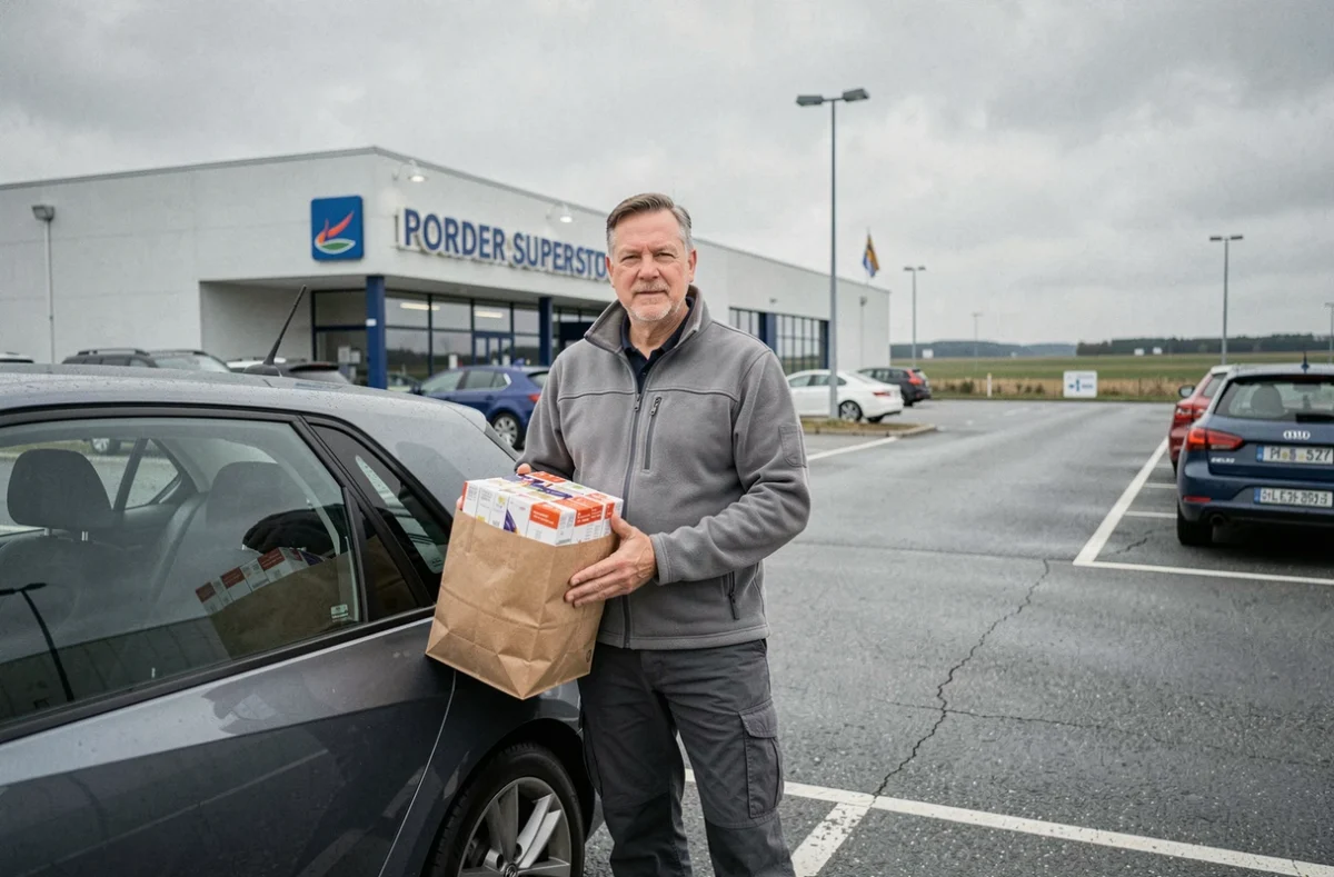 Homme chargeant des cartouches de tabac dans sa voiture devant un superstore frontalier au Luxembourg