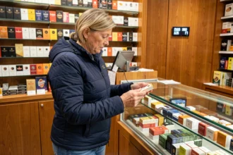 Femme achetant des cartouches de cigarettes dans un bureau de tabac au centre-ville de Luxembourg