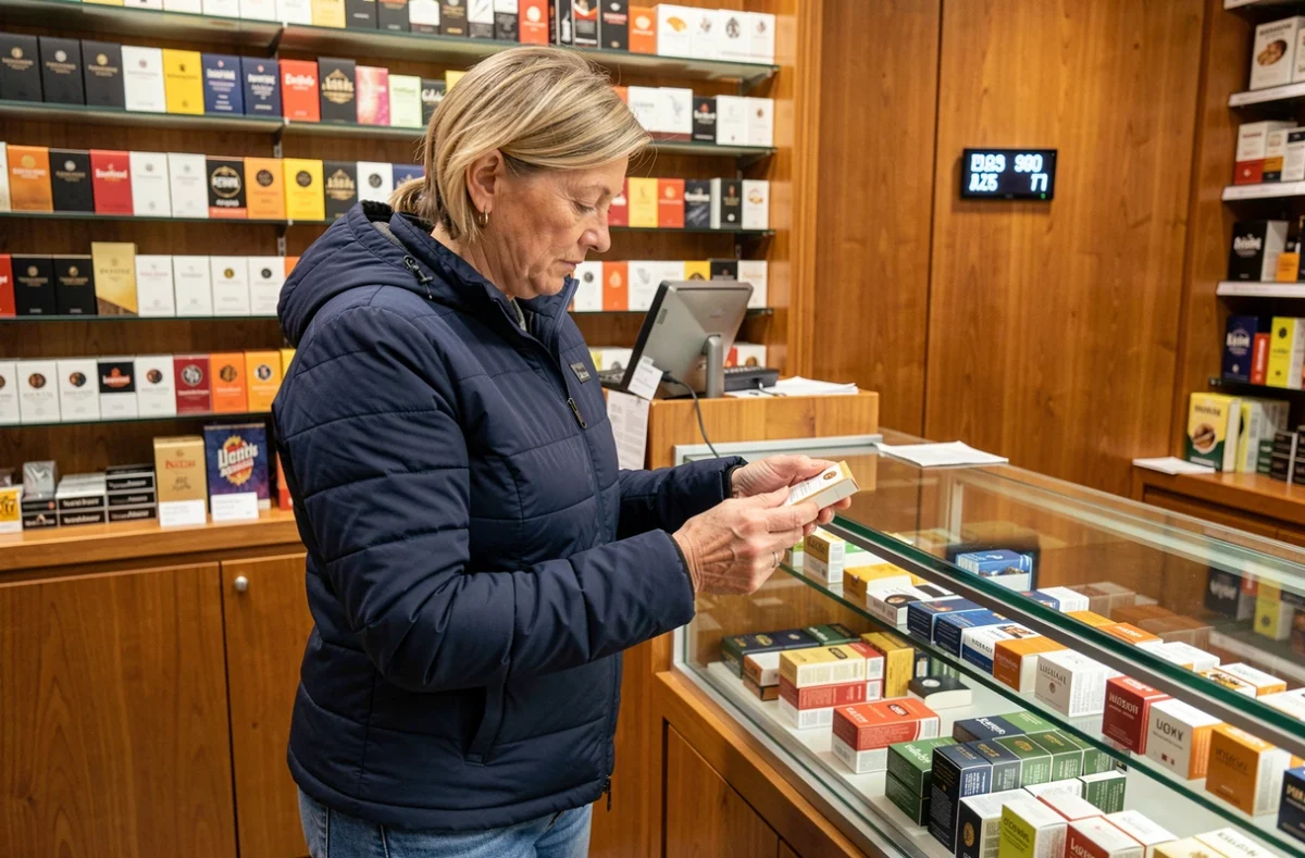 Femme achetant des cartouches de cigarettes dans un bureau de tabac au centre-ville de Luxembourg