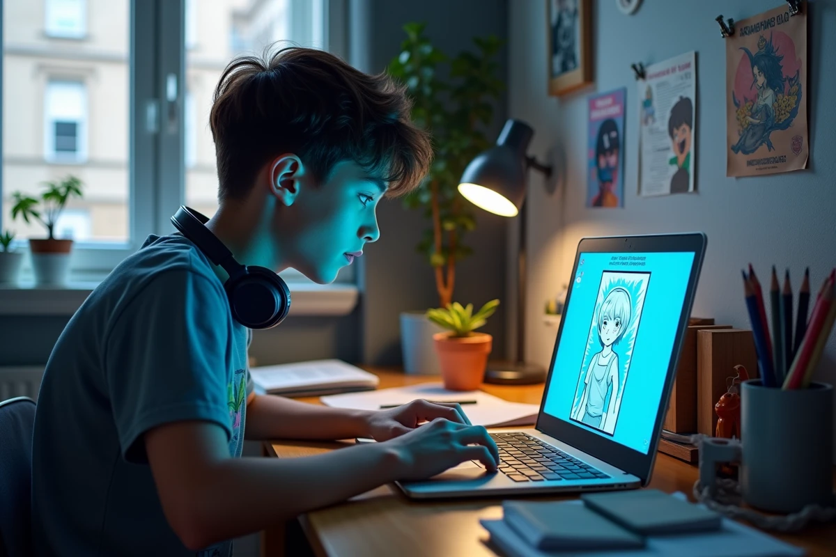 Adolescent lisant des webtoons francophones sur ordinateur portable dans sa chambre d'étudiant