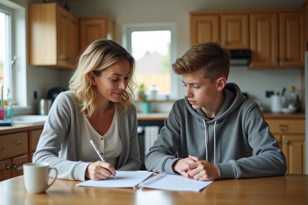Adolescent et belle-mère travaillant sur un projet scolaire