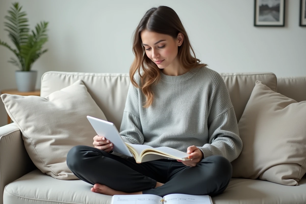 Jeune femme consultant un agenda scolaire et une application calendrier pour repérer le nombre de semaines dans l'année