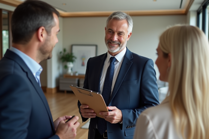 Agent immobilier conseillant un couple dans un salon moderne