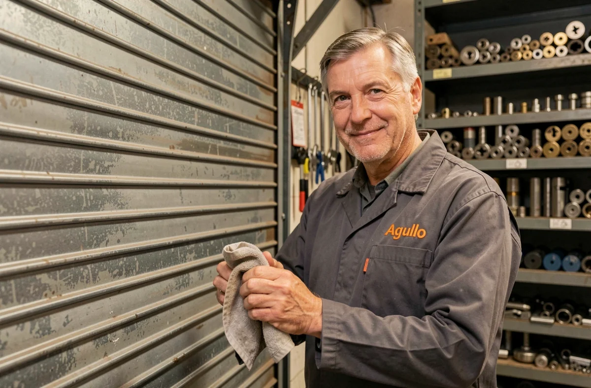 Serrurier Agullo devant un rideau métallique de garage réparé dans un environnement atelier industriel