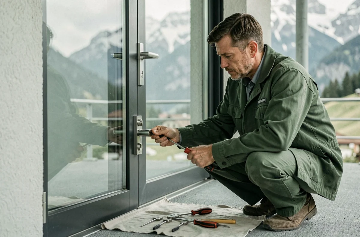 Serrurier Alp'Serrurerie remplaçant un verrou multipoints à l'entrée d'un immeuble alpin