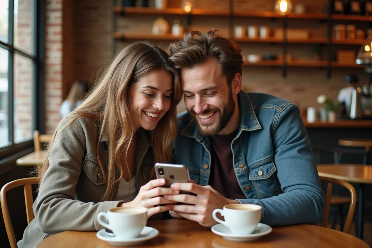 Deux amis découvrant ensemble des sites alternatifs de webtoons francophones sur smartphone dans un café