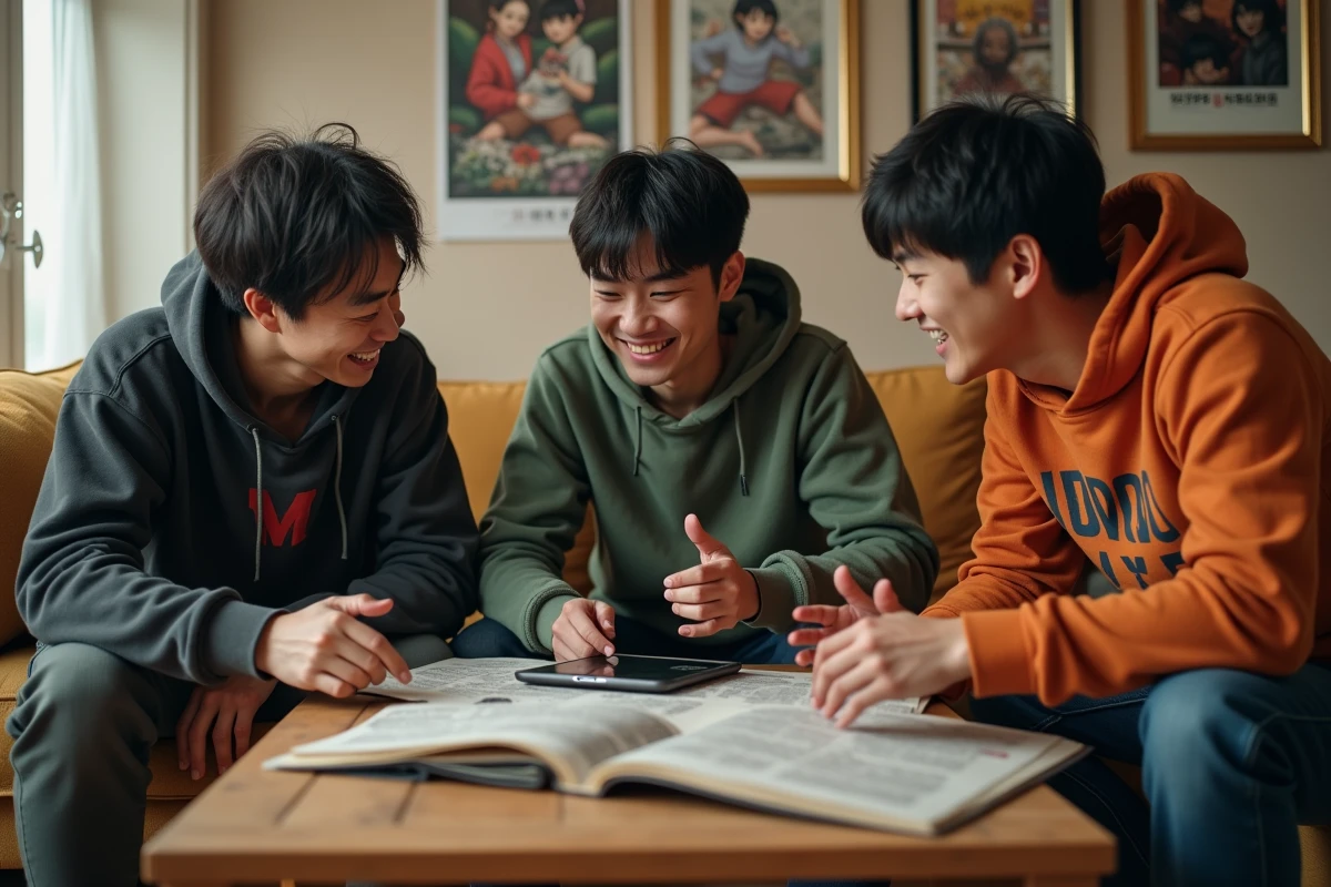 Trois amis discutant et riant autour de mangas dans un salon cosy