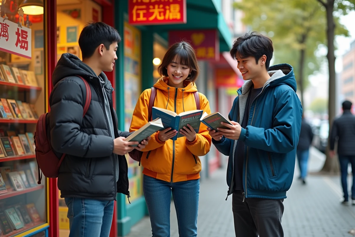 Trois amis discutant de manga devant une librairie colorée
