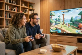 Deux amis jouant ensemble en coopération sur canapé à un jeu vidéo type Split Fiction