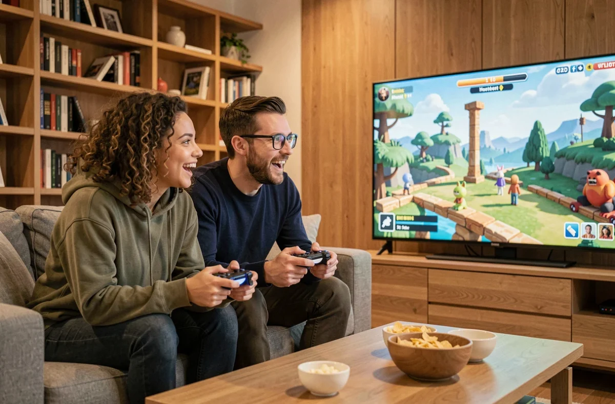 Deux amis jouant ensemble en coopération sur canapé à un jeu vidéo type Split Fiction