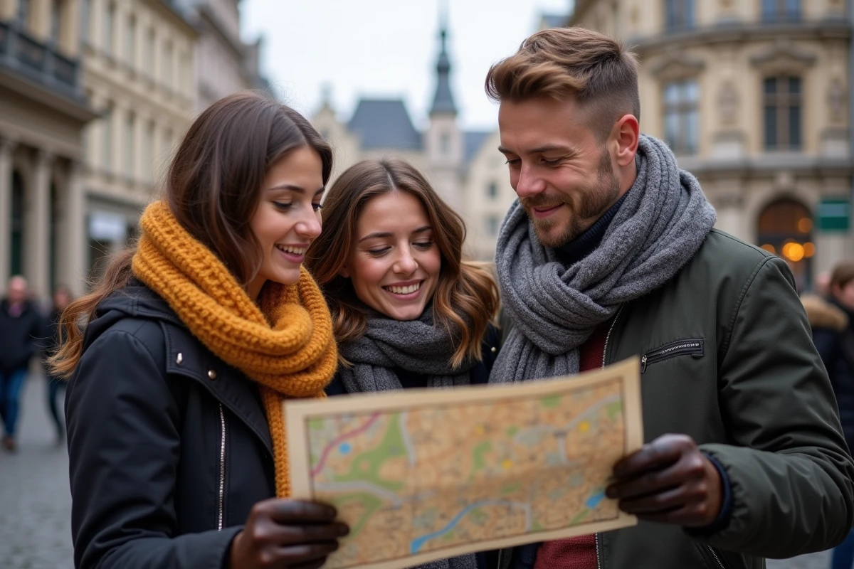 Amis regardant une carte dans la Grand Place de Lille