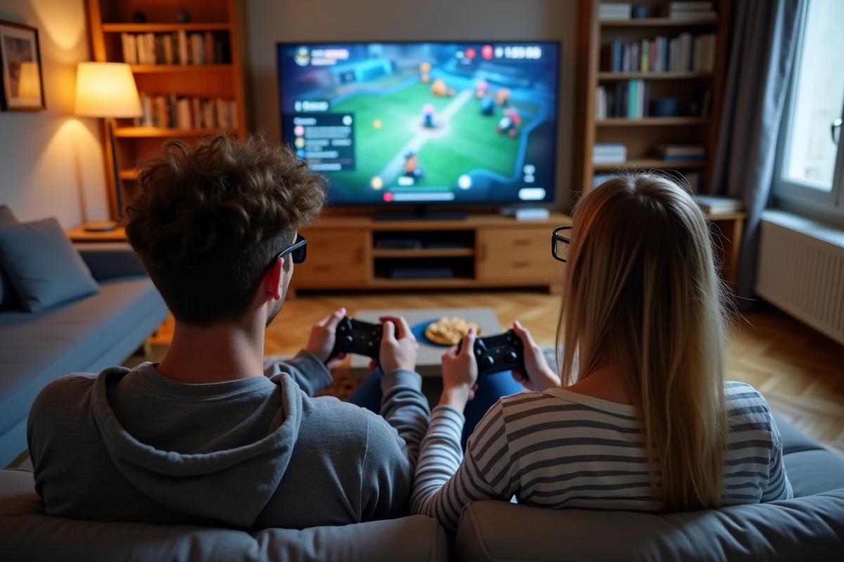 Deux amis regardant ensemble une partie de League of Legends en mode spectateur dans un salon français
