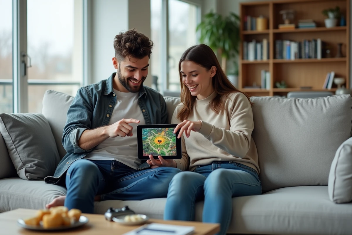 Deux amis consultant ensemble une application de suivi de portails Dofus sur une tablette dans un salon moderne