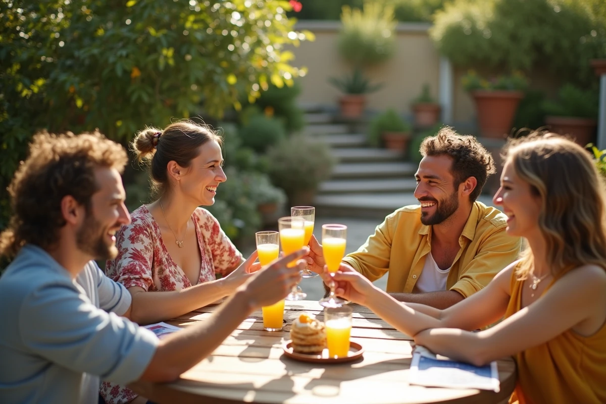 Groupe d'amis portant un toast pour souhaiter la bonne fête autour d'une table en bois en terrasse