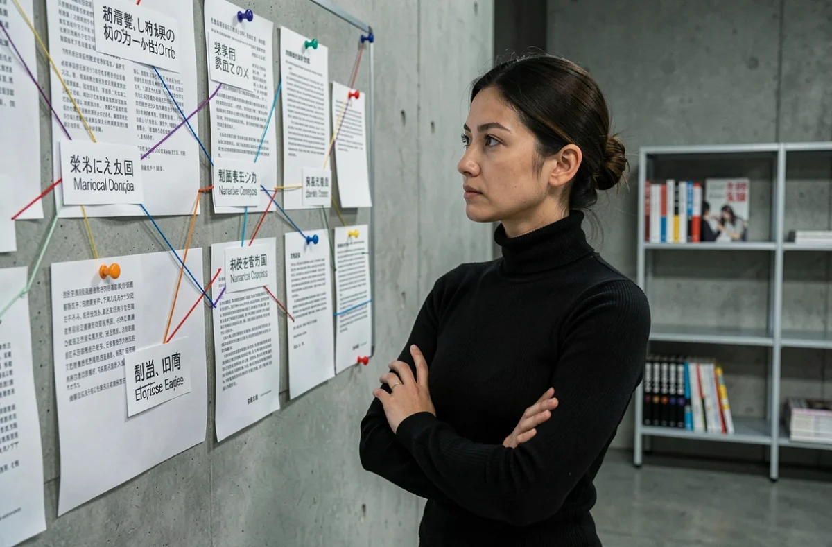 Femme analysant un tableau de concepts moraux lié au manga Hunter x Hunter dans un espace de travail éditorial