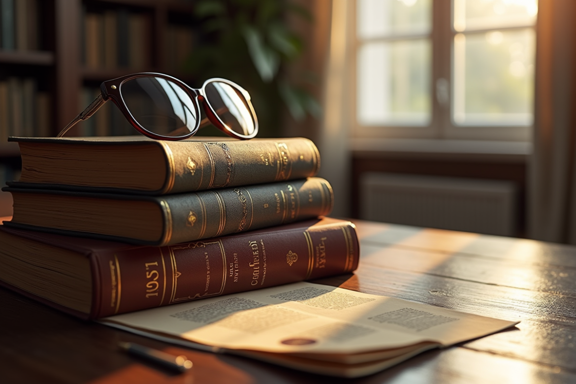 Pile de livres de droit français anciens sur un bureau en bois