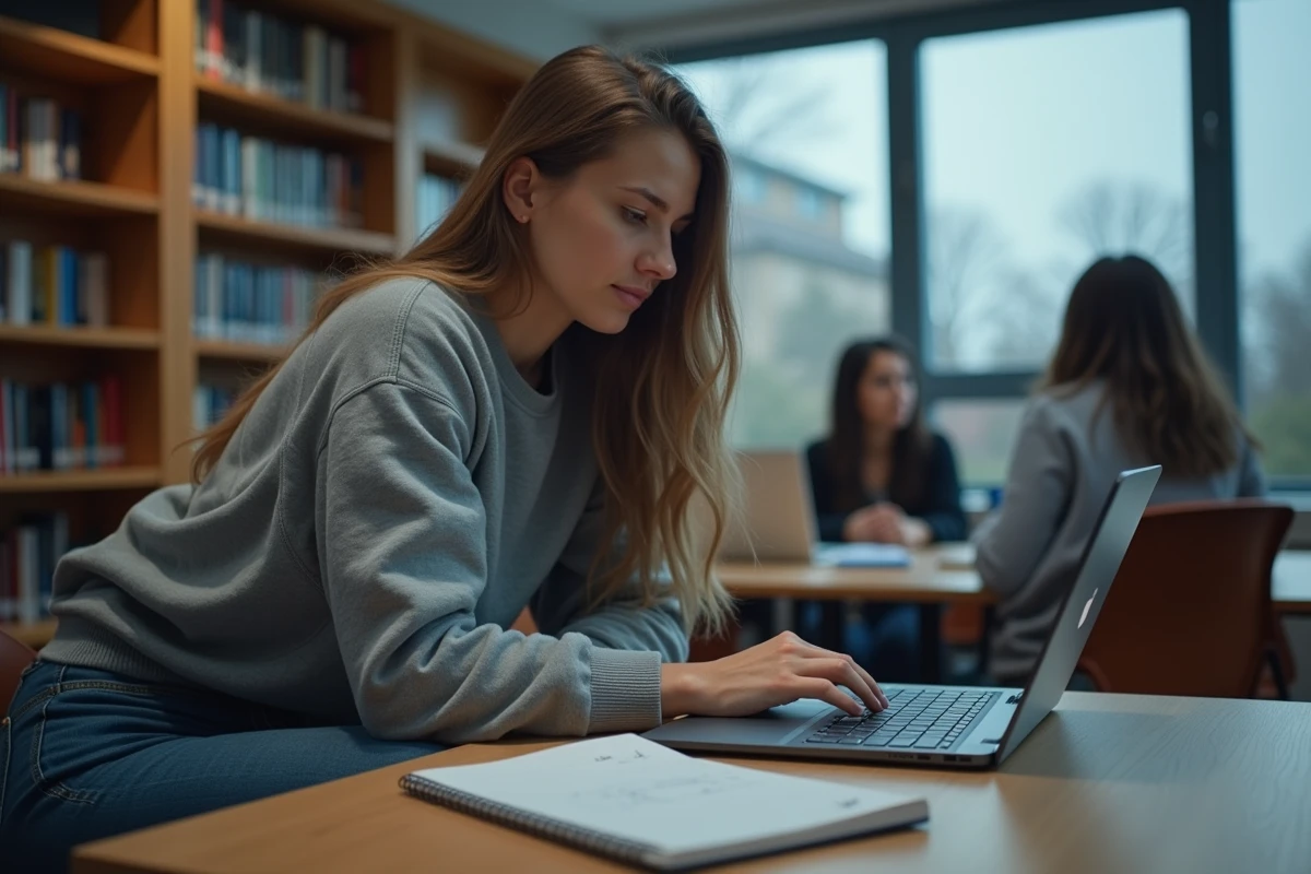 Jeune femme prenant des notes sur les mécaniques de League of Legends dans une bibliothèque universitaire