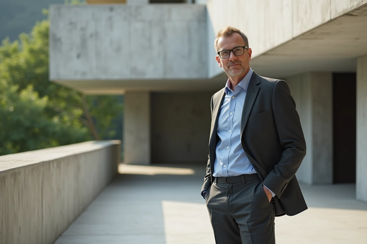 Architecte en costume sur terrasse en béton de Breuer