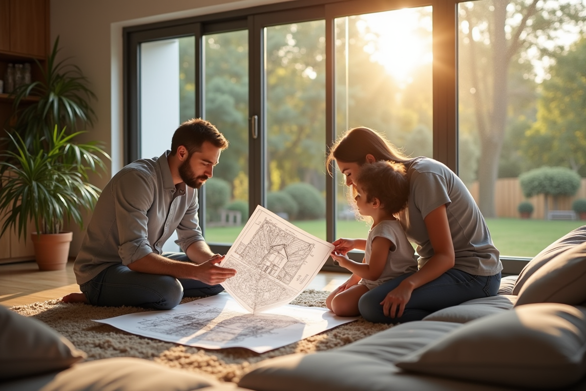 Architecte montrant plans maison à une famille dans salon lumineux