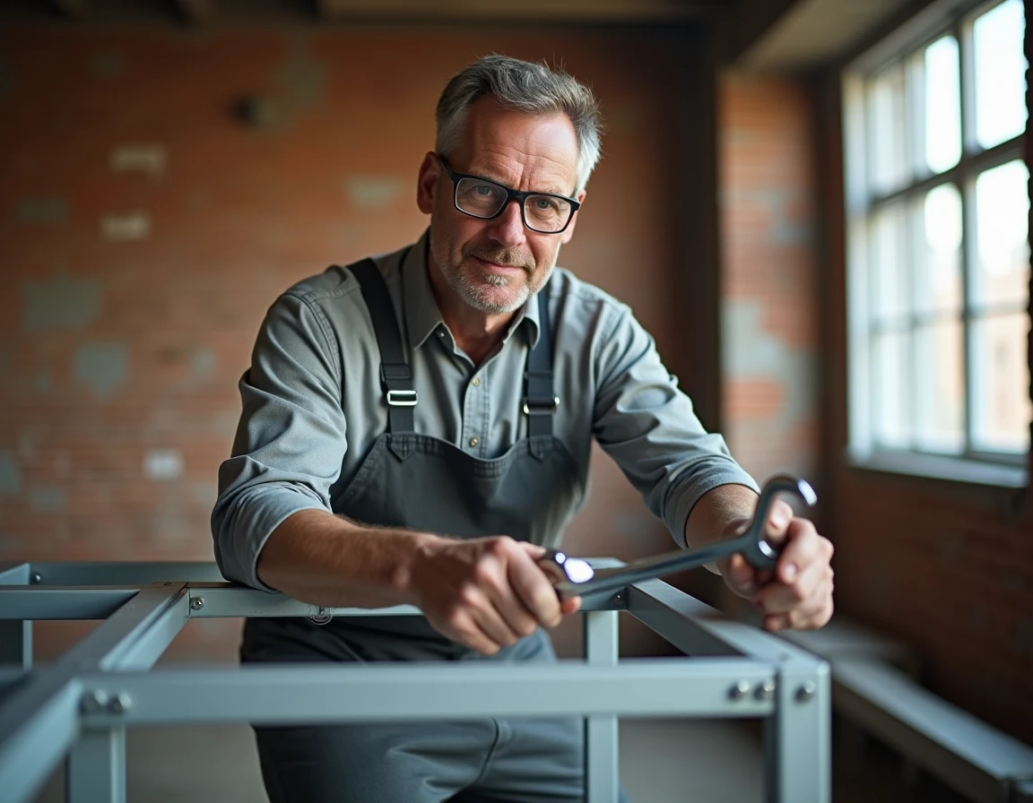 Artisan assemblant une étagère loft en tubes d'aluminium rectangulaires dans un intérieur industriel avec murs en briques apparentes