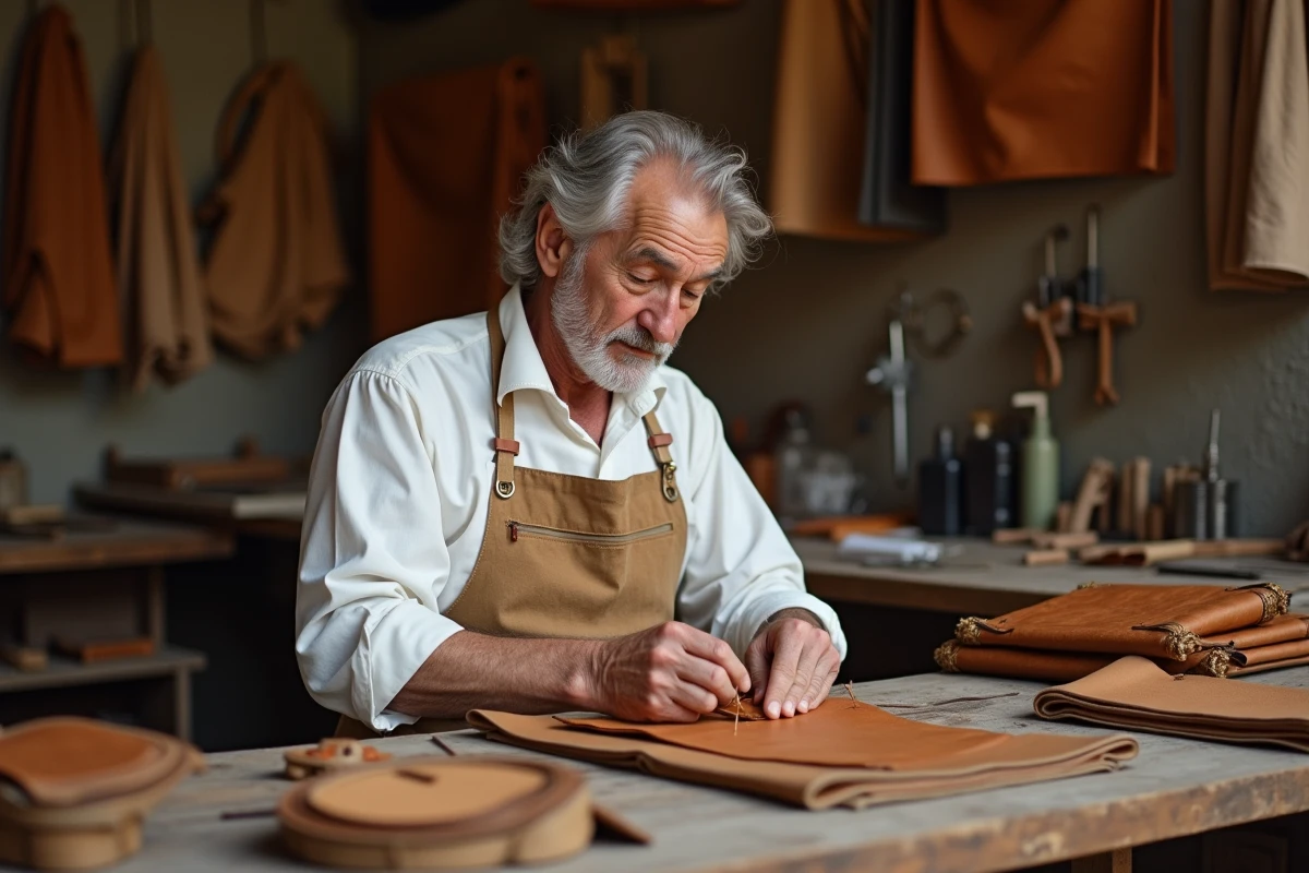 Artisan parisien en tablier cousant à la main un sac en cuir dans un atelier traditionnel entouré d'outils et de matières nobles