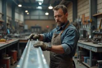 Artisan professionnel examinant un profil L en inox poli dans un atelier de métallurgie bien équipé