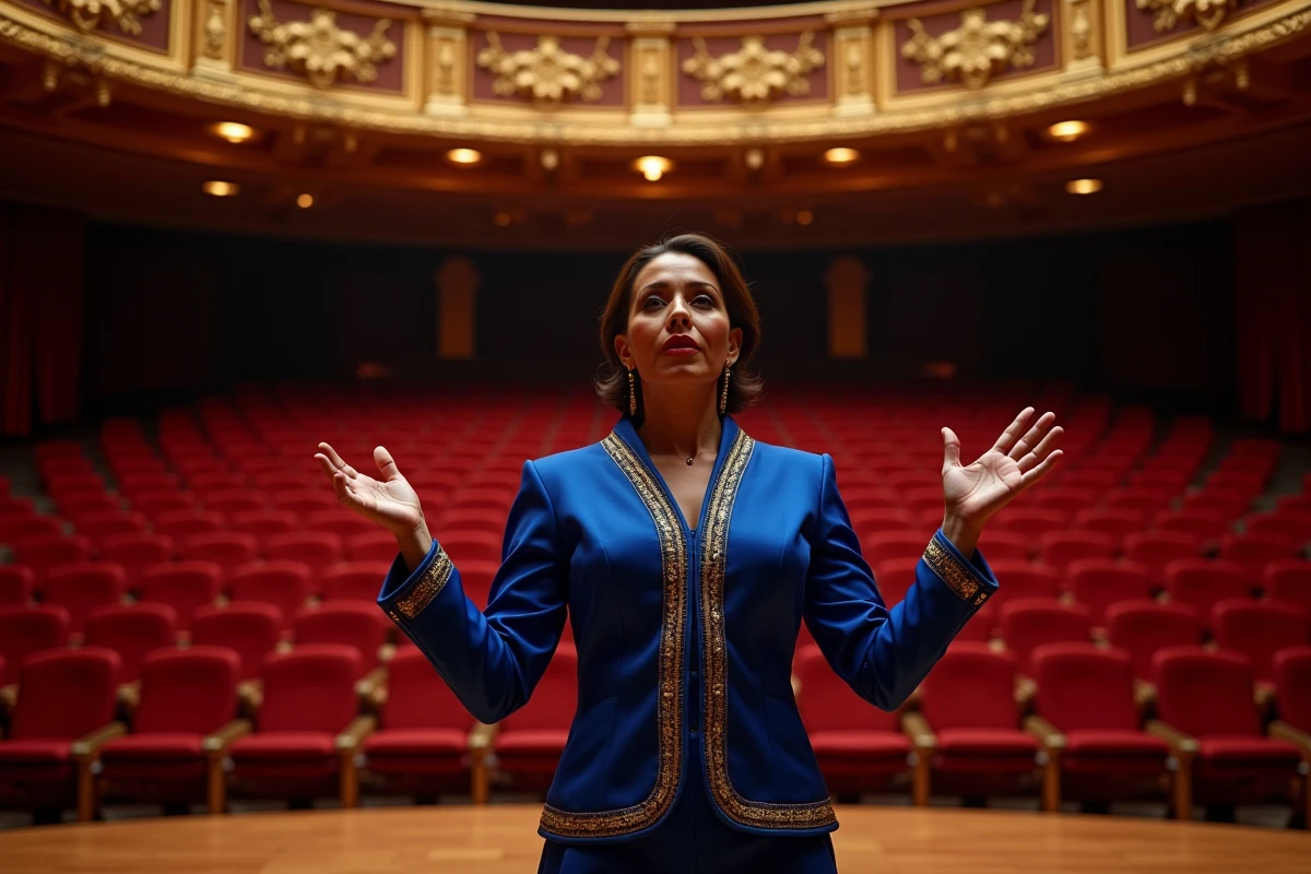 Artiste latina sur scène dans un théâtre classique orné, évoquant l'héritage culturel hispanique dans le monde du spectacle