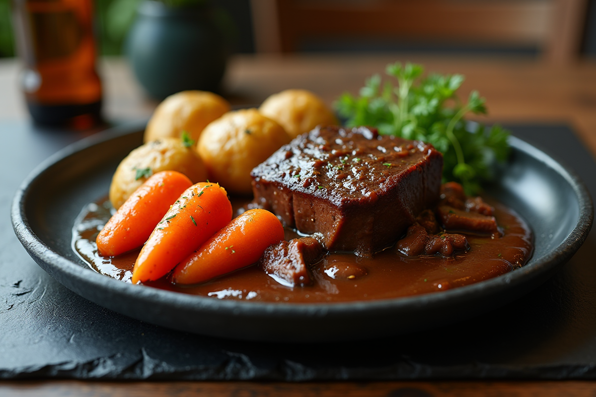 Assiette élégante de boeuf bourguignon avec légumes