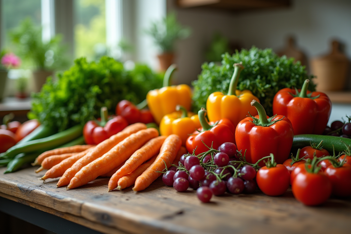Assortiment de légumes frais vitamine Drich sur une table rustique
