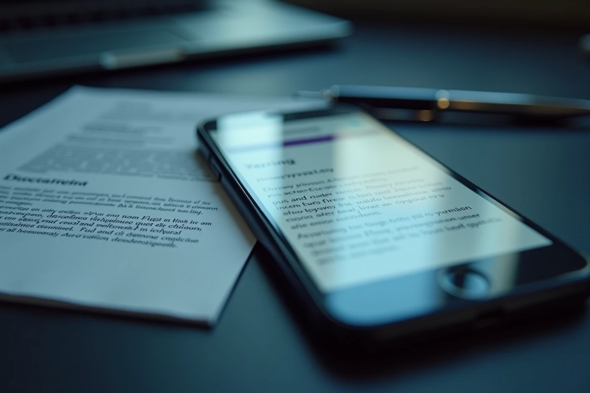 Gros plan d'un smartphone affichant un avertissement légal à côté d'un document imprimé sur la confidentialité, illustrant la légalité des sites de leaks