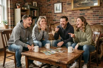 Groupe d'amis adultes hilares autour d'une table en train de partager des blagues d'humour noir dans un salon convivial