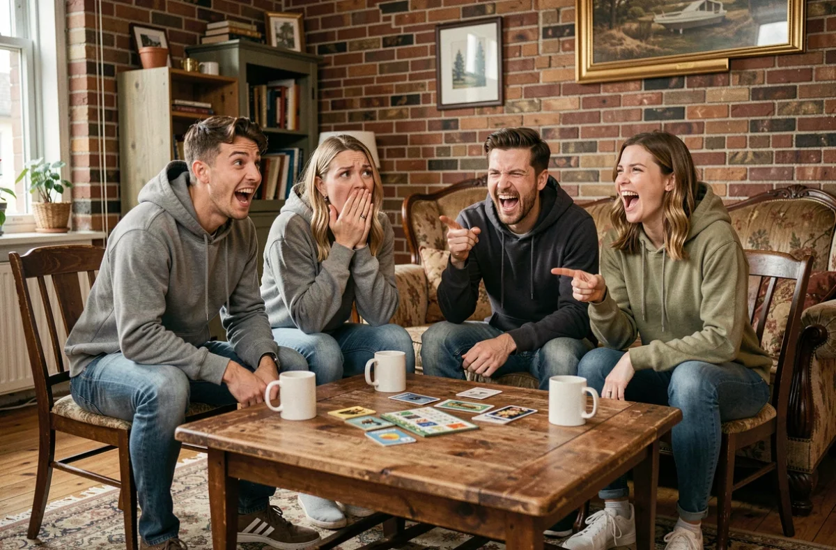 Groupe d'amis adultes hilares autour d'une table en train de partager des blagues d'humour noir dans un salon convivial