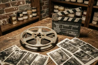 Bobine de film 35mm et clap de cinéma vintage posés sur une table en bois usée, entourés de planches contact évoquant le cinéma de guerre du Vietnam