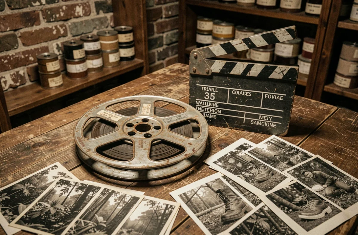 Bobine de film 35mm et clap de cinéma vintage posés sur une table en bois usée, entourés de planches contact évoquant le cinéma de guerre du Vietnam