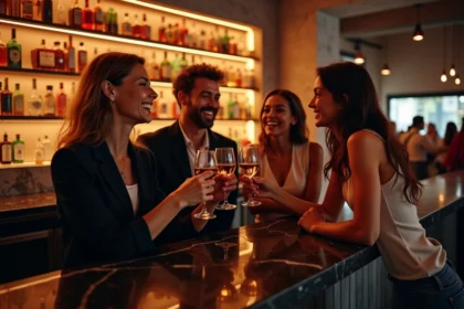 Groupe d'amis trinquant dans une boîte de nuit à Perpignan avec une ambiance festive et chaleureuse