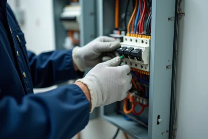 Électricien insérant un câble cuivre dans une borne de connexion électrique pour tableau modulaire