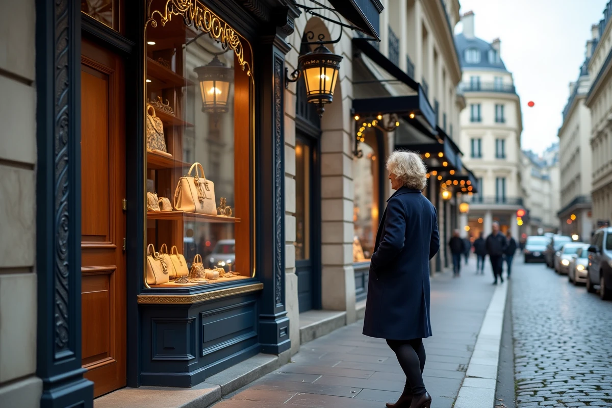 Devanture d'une boutique de luxe parisienne dans un immeuble haussmannien avec une femme élégante en manteau marine observant la vitrine