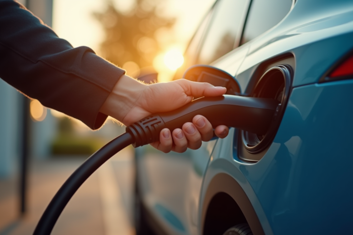 Main branchant un câble de recharge sur une voiture électrique au matin