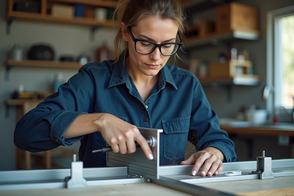 Femme bricoleure découpant un profil L en inox dans un garage aménagé pour les travaux de rénovation
