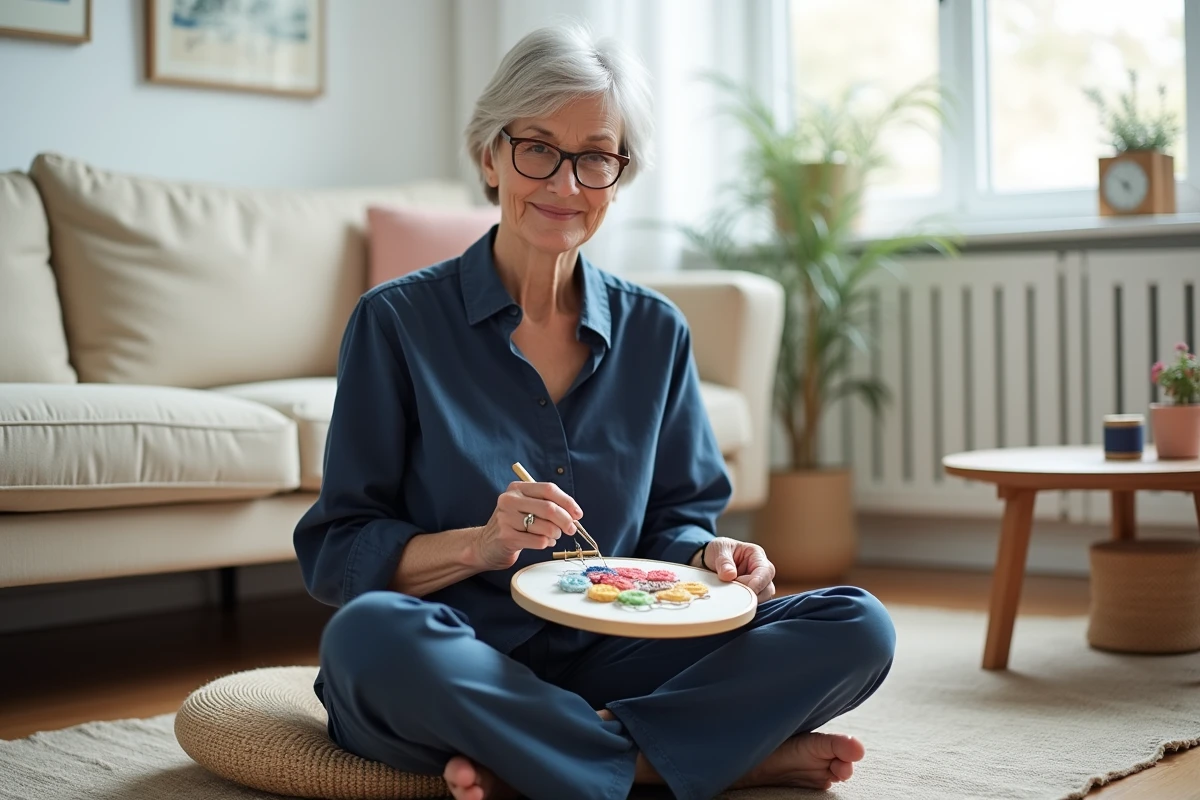 Femme adulte pratiquant la broderie chez elle pour se recentrer et cultiver le bien-être par les travaux manuels créatifs