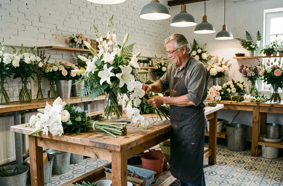 Fleuriste expert de Brun Fleurs à Grenoble assemblant un grand arrangement floral cérémoniel dans un atelier artisanal