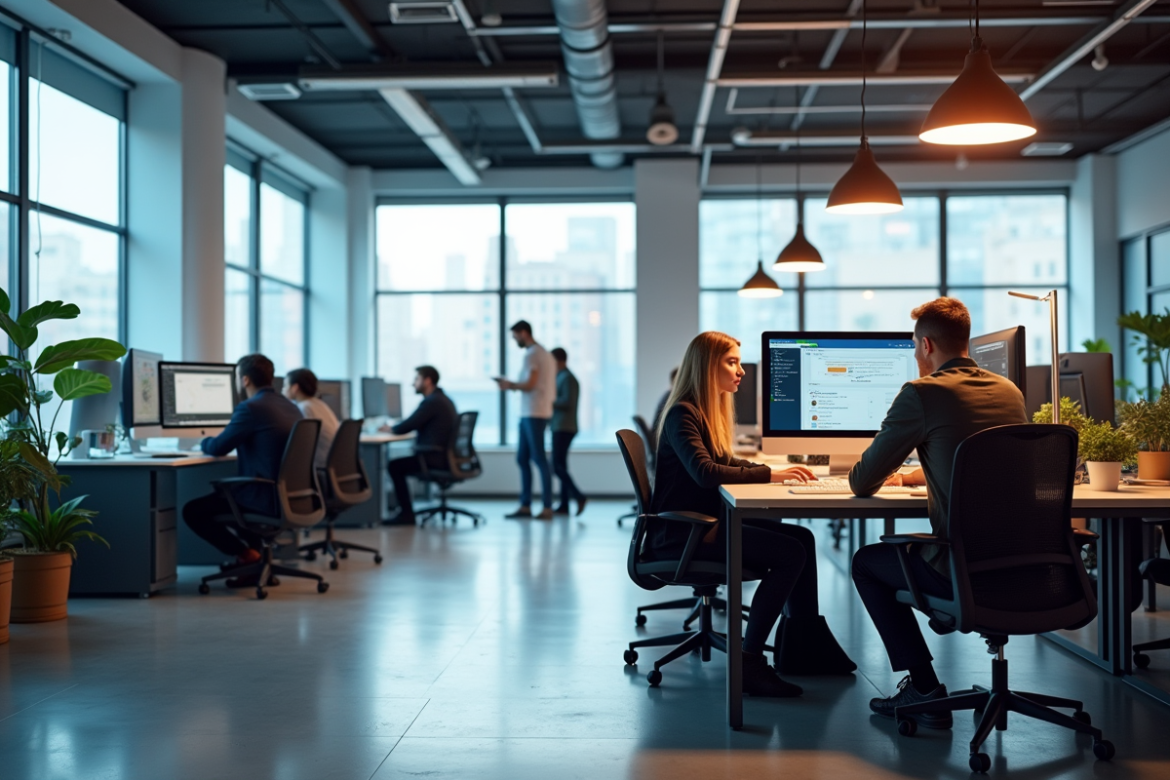 Bureau moderne ouvert à Toulouse avec professionnels collaborant