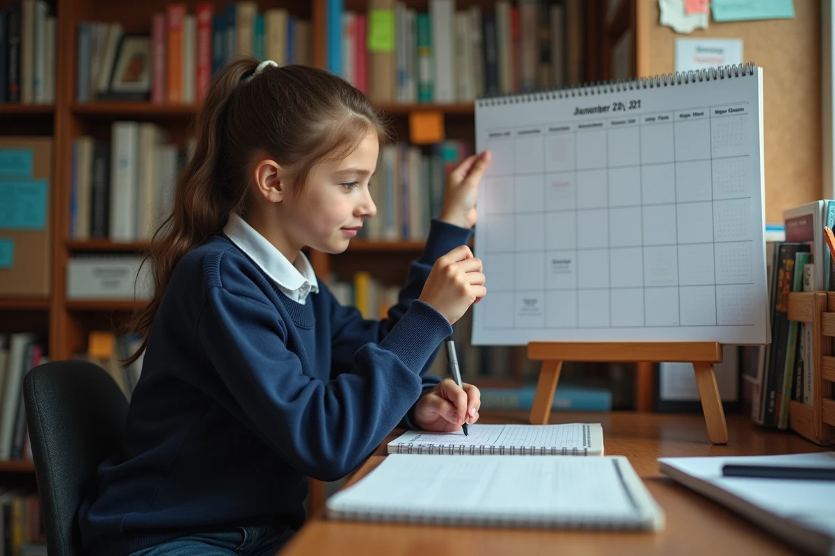 Adolescente consultant un calendrier scolaire annuel à son bureau pour repérer les semaines de l'année scolaire