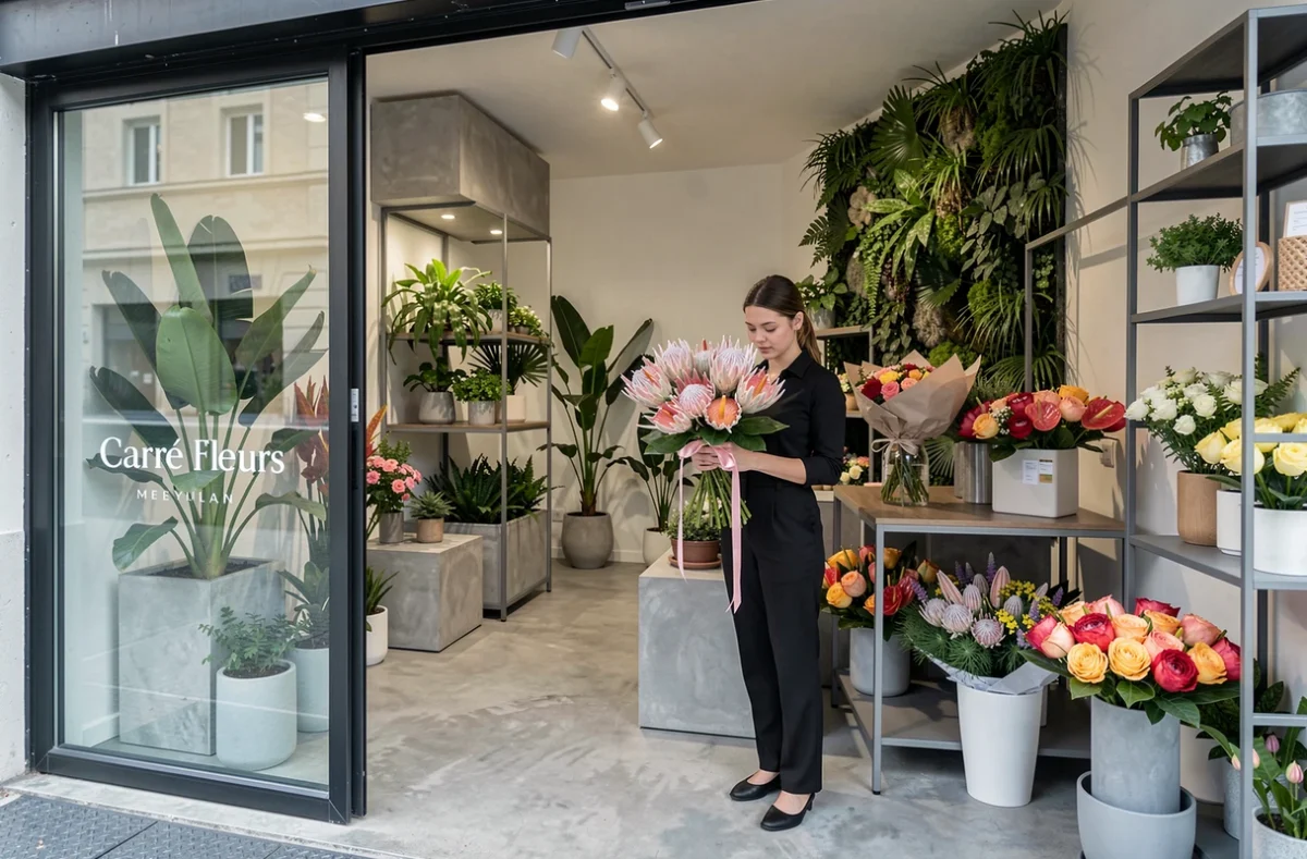 Boutique moderne Carré Fleurs à Meylan avec une fleuriste créant un bouquet design sur fond de décoration géométrique et de plantes tropicales