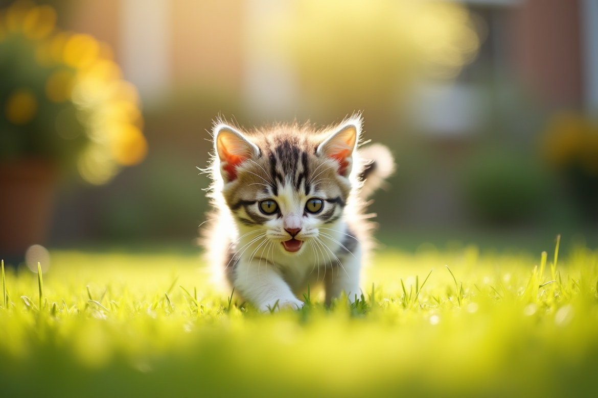 Chaton gris et blanc explorant un jardin ensoleille
