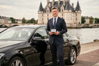 Chauffeur VTC professionnel en costume sombre debout près d'une berline noire à Nantes, Pays de la Loire
